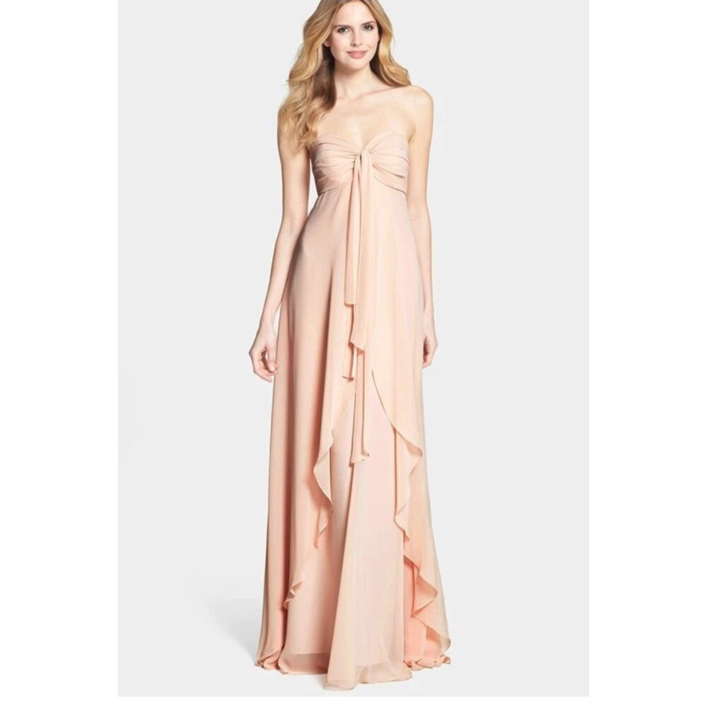 $350 JENNY YOO Suri Convertible Strapless Chiffon Dress GOWN BLUSH SIZE 8